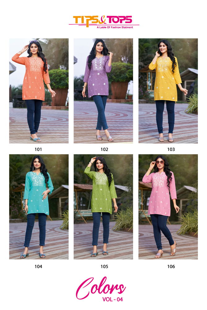 Colors Vol 04 Tips And Tops Embroidery Rayon Short Kurtis Wholesale Price In Surat